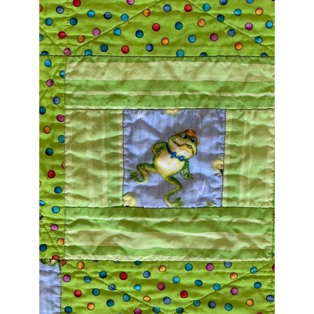 Handmade Quilted Baby Blanket Green  Frogs Polka Dot  34x25